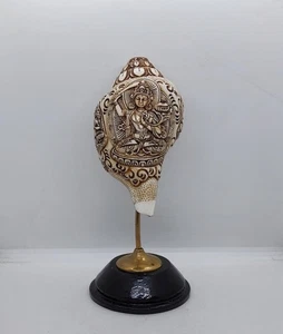 Hand carved Manjushree, Tara, Buddha  Ritual Conch Shell Buddhist trumpet , M - Imagen 1 de 6