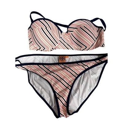 Conjunto de bikini Tory Burch a rayas con aros rojo azul marino crema parte superior S inferior M traje de baño Foto 1 de 4