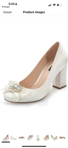 Block Heel Wedding Shoes Rhinestones Bow knot Closed Toe Satin Bridas Size 5 - Picture 1 of 14