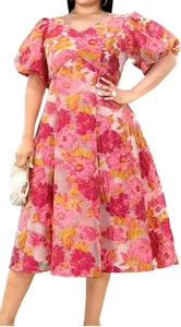 Aome Jacquard Midikleid Blumen V-Ausschnitt Puffärmel Damen Gr. L-XL - Bild 1 von 4