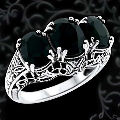 ART DECO STYLE BLACK AGATE THREE-STONE 925 STERLING SILVER FILIGREE RING  763 - Image 1 of 4