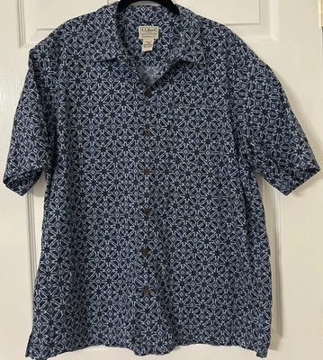 Vintage L.L. Bean Mens Large Blue Button Short Sleeve Shirt Aztec Cotton - Image 1 of 4