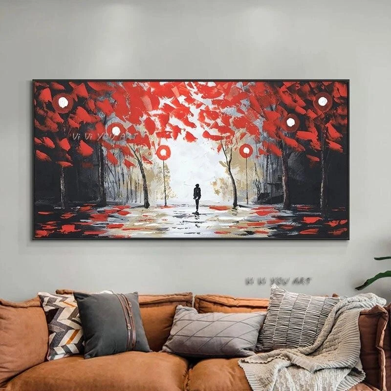 Hand Painted Abstract Trees With Red Leaves Painting On Canvas Modern Hand Paint - image 1 of 1