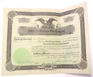 OBSOLETE ANTIQUE 1912 WILLIAMS CARLSON ORE CORP. DULUTH, MINN. STOCK CERTIFICATE - Picture 1 of 2