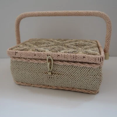 Vintage 1960s Sewing Basket with folding handle, satin lining, plastic tray 24 x - Image 1 of 4