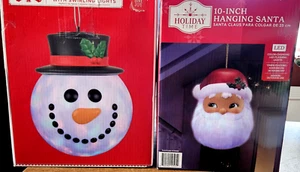 Set of 2 Holiday Time 10-Inch Hanging Santa & Snowman Blow-Mold, Lights Up - Picture 1 of 6