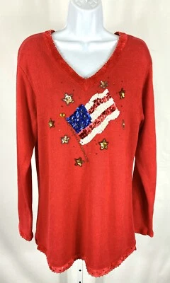 Quacker Factory Size Medium Sweater V-Neck Long Sleeve Nelour Sequined Flag - Image 1 of 4