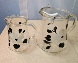 Bartlett Collins Hand Painted Glass Floral Pitcher Set Of 2 Rare Black & White - Bild 1 von 6