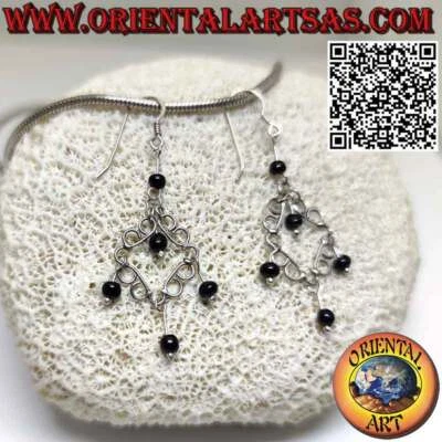 Orecchini realizzati con filo in argento 925 ‰ e cinque sfere in onice pendenti - Immagine 1 di 3