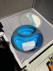 4pc Collapsible 2 Compartment Round Blue Utensil Lunch Box Bag Travel Work Bento - Picture 1 of 3