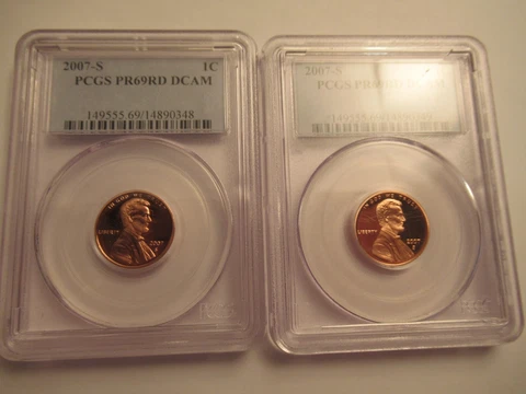 TWO 2007 S Lincoln Penny,  both PCGS PR69RD DCAM Cover