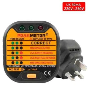PEAKMETER Socket Tester Polarity Test RCD Test 3Pins Mains UK/EU Plug 230V CE - Picture 1 of 10