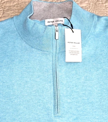 NEW PETER MILLAR, MEN'S LARGE, CREST⛳️1/4-ZIP SILK-BLEND🩵SWEATER, MSRP $185.00! - Image 1 of 4