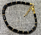 REDUCED-Handcrafted Bracelet- Black Glass Tube Beads with Gold Tone Accents