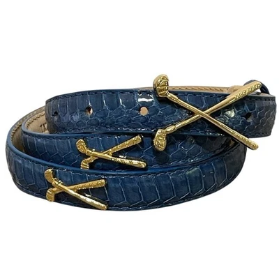 LB Belt Co Genuine Snakeskin Skinny Blue Belt Women XL Gold Golf Clubs Buckle - Image 1 of 4