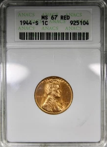 1944-S Lincoln Cent ANACS MS67RD Soapbox Holder Gem Quality - Picture 1 of 4