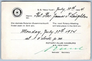 1934 HAMBURG AMERICA LINE*SS NEW YORK*ROTARY INTERNATIONAL MEETING CARD REMINDER - Picture 1 of 2