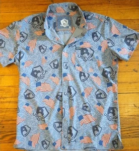 Camisa Rifle Retro Para Hombres L Azul Abotonada Pistola Estampado AOP Elastizada - Imagen 1 de 9