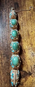 Vintage Chinese Export Sterling Silver Blue Enamel Jadeite Filigree Bracelet - Picture 1 of 12
