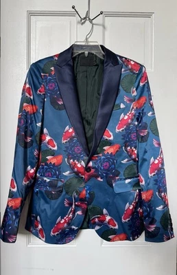 ASOS Skinny Fish Print Floral Tuxedo Sports Coat Suit Blazer Smoking Jacket 38 - Image 1 of 4