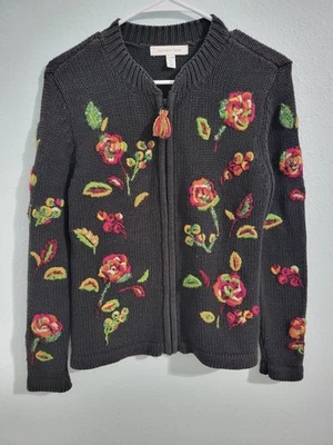 Northern Isles Vintage Black Embroidered Roses Zipper Sweater PS PP Cardigan - Image 1 of 4
