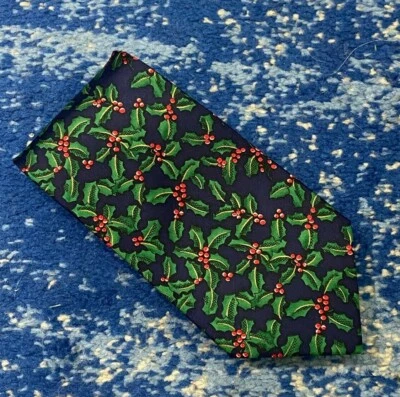 Шелковый галстук Alynn «Holly» синий зеленый красный золотой черный белый рождественский праздник США - Изображение 1 из 4