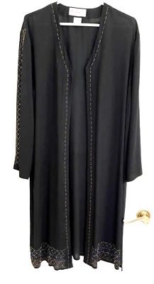 EUC Key Lime Pie  Crepe Lg Sleeve,  Open Front Long Jacket, Beaded Trim, L Black - Image 1 of 3