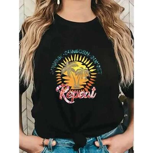Women's Sunset Palm Print Casual Round Neck T-shirt, All Season Top - Picture 1 of 12