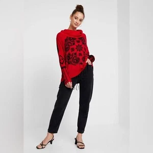 Desigual Women Sweater Medium Red Black Marylebone Fringed Cowl Neck Art Paisley - Picture 1 of 13