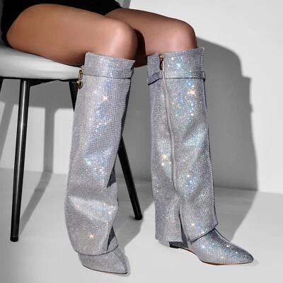 Botas para mujer brillantes lentejuelas punta cuña tacón alto hasta la rodilla zapatos US10 Foto 1 de 4