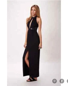 Blessed are the Meek Faux Leather Trim Maxi Dress Slit Black Points Size 0 NWT! - Picture 1 of 8