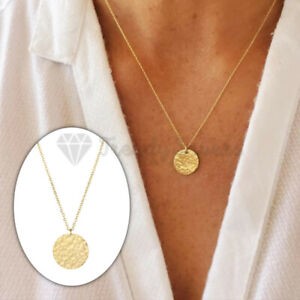 18K Gold Plated Thin Chain Hammered Circle Disc Pendant Vintage Fashion Necklace