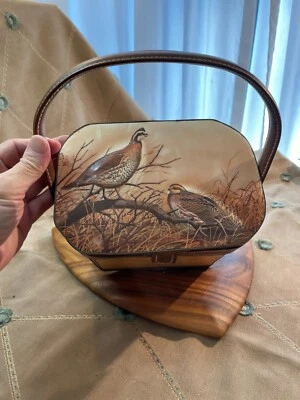 Vtg Wooden Purse - Octagon Leather Handle Embossed Quail Lid Handmade - Изображение 1 из 4