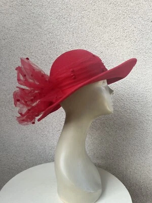 Vtg Red Felt Wool Hat Brim Boater Red Netting Adolfo II 23” - Image 1 of 4