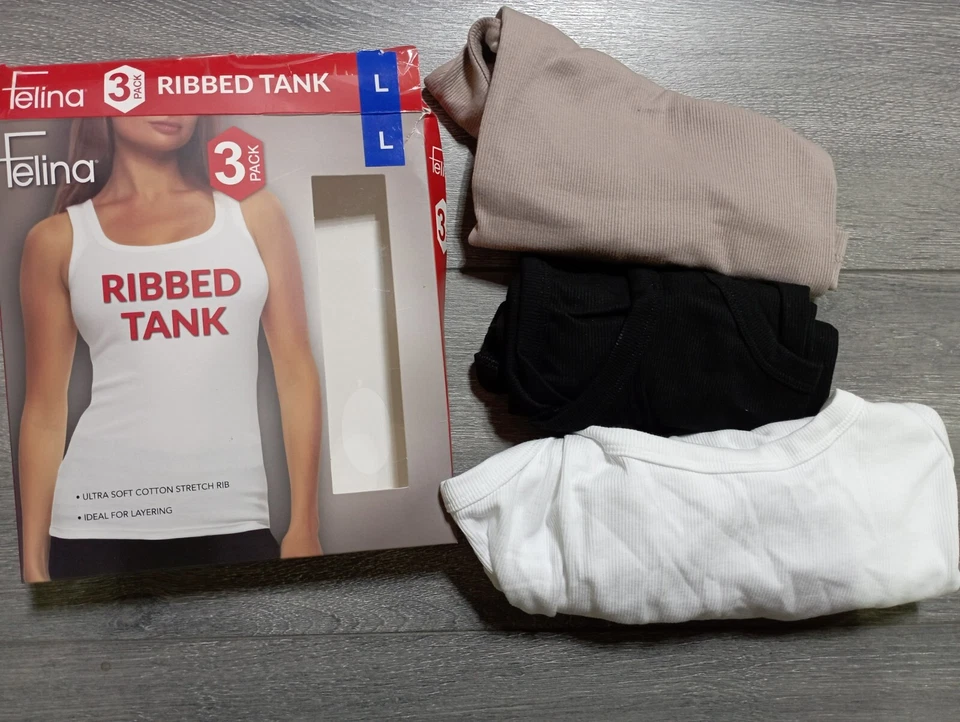 Women's Tank Top 3 Pack XLARGE Ribbed White Tan Black Layering Summer Felina