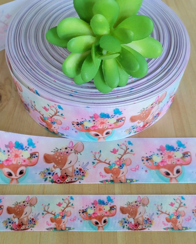 Cinta de grosgrain de bosque de 1 y 1,5 pulgadas (1 YD) ciervo baby shower decoración de pasteles cervatillo  Foto 1 de 1