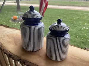 Set Of 2 La Cucina Collection Blue/White Canisters Handpainted 10.5 T & 8.5 T - Picture 1 of 10
