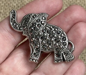 Silver Tone Black Rhinestone Elephant Brooch Pin Good Luck Trunk Up Whimsical - Picture 1 of 3