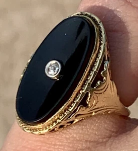 Anillo victoriano de filigrana de oro amarillo liso 14K y ónix negro de filigrana - Imagen 1 de 10