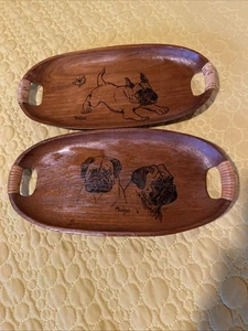 Hand Drawn Painted Inked Wooden Teakwood Trays w/Bulldogs wrapped handles signed - Picture 1 of 20