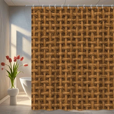 Cortina de ducha de tela tejida marrón rústica para decoración de granja Foto 1 de 4