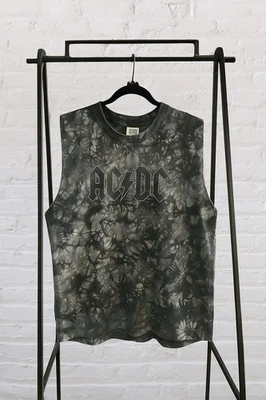 Винтажная футболка 90-х жидкий синий сделано в США ACDC галстук краситель без рукавов искусственно состаренная M - Изображение 1 из 4