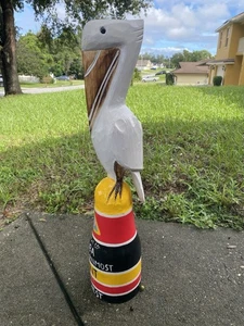 26” PELICAN ON BOUY HAND CARVED WOOD TROPICAL SCULPTURE BIRD DECOR TIKI BAR - Picture 1 of 3