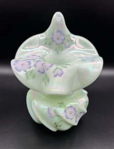 Fenton Glass Vase Jack In Pulpit Hand Painted Iridized Green Flowers Butterfly - Picture 1 of 16