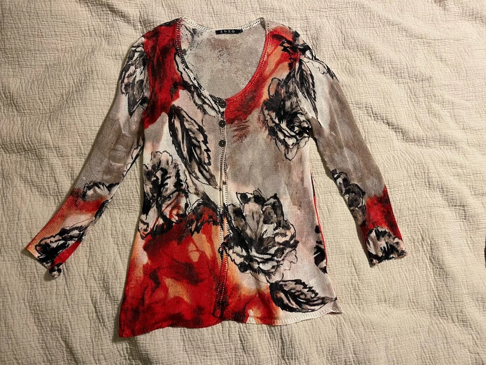 Cardigã ZOZO L malha transparente floral vermelho/preto/branco arte de usar Y2K - Imagem 1 de 4