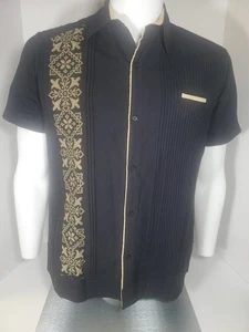 Guayabera Linen Shirt Mens Small Black Yuca Embroidery - Picture 1 of 14