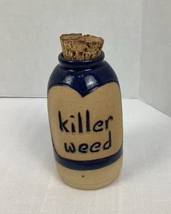 Blue Glazed Pottery Jar with Cork, Killer Weed, 6" tall - Picture 1 of 10