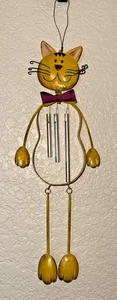 Yellow Metal Smiling Kitty Cat W/Bow Tie Wind Chimes W/Faux Rust  16” Long - Picture 1 of 11