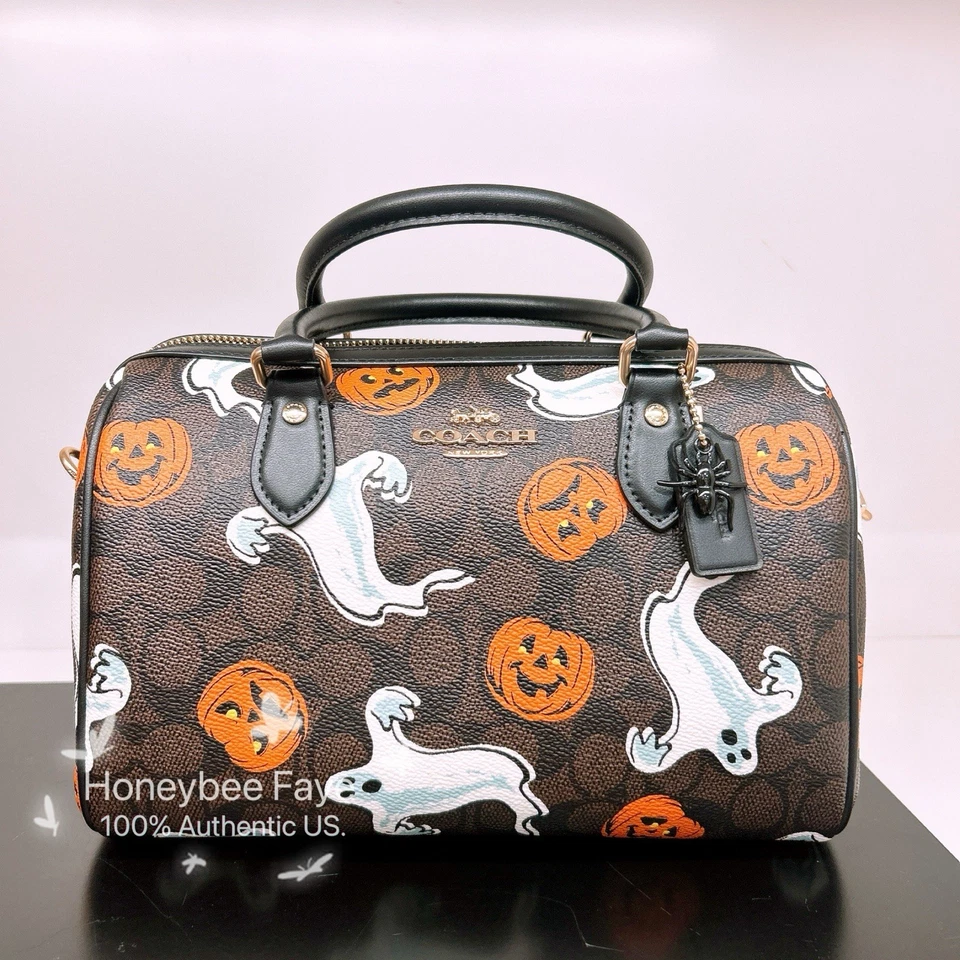 Coach CCE73 Rowan Satchel Bag Signature Canvas Halloween Print Walnut 2025