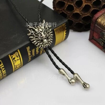 Asian Dragon Head Western Cowboy Rodeo Bronze Plated Leather Neck Bolo Tie - Image 1 of 4